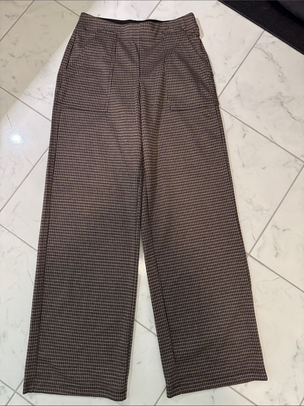 Max Studio High-Rise Wide Leg Houndstooth Pants - Brown/Black
